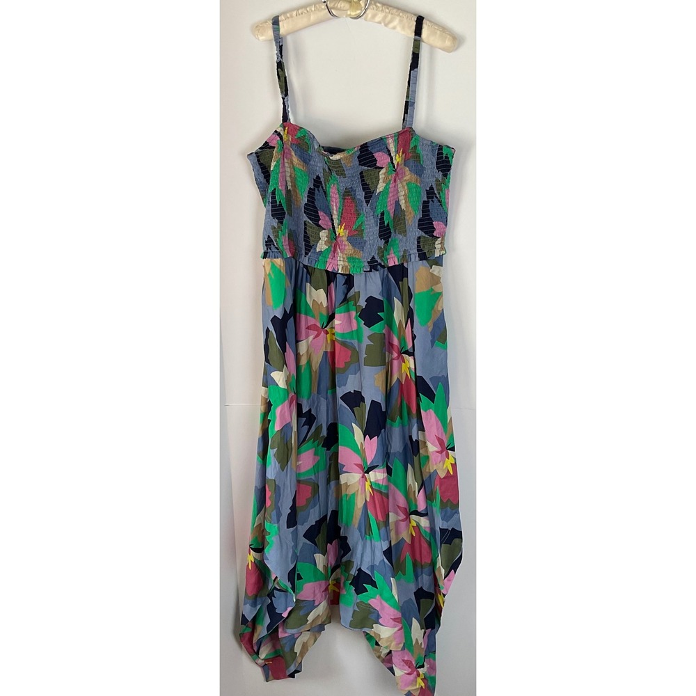 Gap Multi Floral Smocked Midi Dress Blue XXL Tall Handkerchief Hem G880272